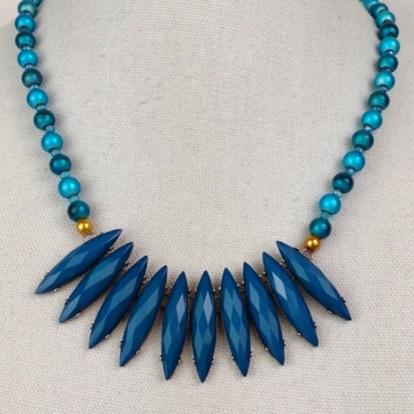 Tribal Turquoise Tone Multifaceted Spear Fringe & 2-Tone Glass Bead Necklace - Picture 11 of 15